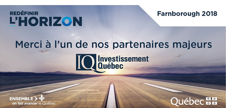 Photo d'une piste d'atterrissage, texte indiquant « Farnborough 2018 - Redéfinir l'horizon - Merci à l'un de nos partenaires majeurs » et logos d'Investissement Québec et du gouvernement du Québec
