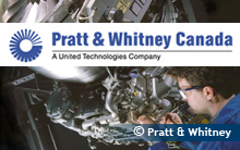 Picture of a man looking at an engine. Logo - Pratt and Whitney Canada.