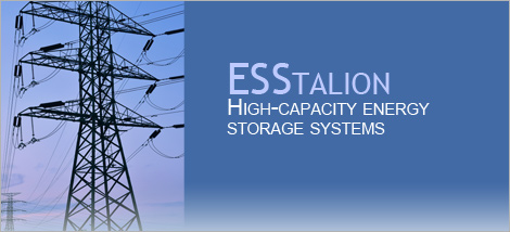 Picture of an electric pylon and a text indicating Esstalion High-capacity eneergy storage systems