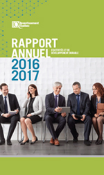 Photo d'employés d'Investissement Québec et texte indiquant Rapport annuel d'activités et de développement durable 2016-2017