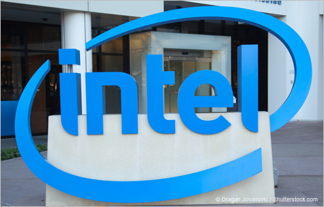 Intel’s logo at the company’s head office in Santa Clara, Califormia.