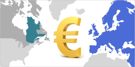 Illustration de la carte du Québec et de l'Europe ainsi que le symbole de l'euro