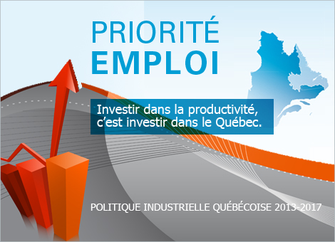 Illustration indiquant Priorité Emploi - Investir dans la productivité, c'est investir dans le Québec. Politique industrielle québécoise 2013-2017