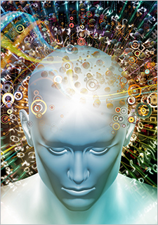 Image composée d’une tête humaine, de nombres et d’éléments visuels illustrant l’intelligence artificielle