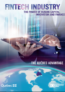 Illustration of a person handling a tablet and a map of the world with text indicating “FinTech Industry – The Power of Human Capital, Innovation and Finance, The Québec advantage