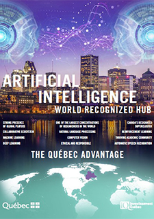 Illustration of the city of Montreal and a map of the world with text indicating Artificial Intelligence, World Recognized Hub, The Québec Advantage