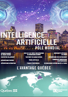 Illustration de la ville de Montréal et d'une carte du monde accompagnée d'un texte indiquant « Intelligence artificielle, Pôle mondial, L'avantage Québec »