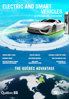 Illustration of an electric vehicle and a map of the world accompanied by a text stating Electric and intelligent vehicles - specialized ecosystem, L'avantage Québec