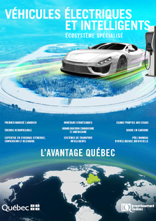 Illustration d’un véhicule électrique et d'une carte du monde accompagnée d'un texte indiquant « Véhicules électriques et intelligents – écosystème spécialisé , L'avantage Québec »