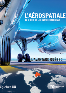 Image d'un avion et d'une carte du monde accompagnée d'un texte texte indiquant « L'aérospatiale au coeur de l'industrie mondiale, L'avantage Québec »