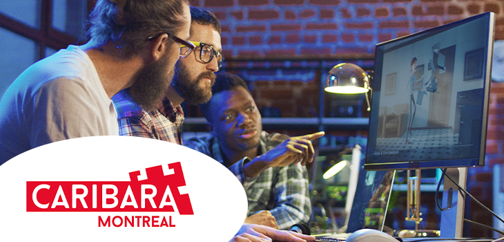 Photo of employees working with a computer and logo of Caribara Montréal