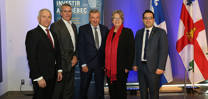From left to right : Stéphane Paquet, Vice President, Foreign Investments & International Organizations, Montréal International, Paul Buron, Executive Vice-President, Government Mandates and Programs Management, Investissement Québec, Pierre Schroeder, President and CEO, TradingScreen, Chantal Rouleau,  Minister for Transport, Minister for Transport Minister Responsible for the Metropolis and the Montréal Region, and Robert Beaudry, Elected Head of Economic Development and Government Relations at the Montreal Executive Committee.