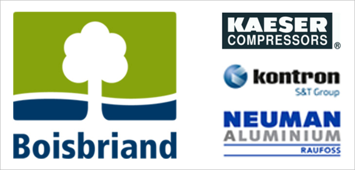 Image including the logos of the city of Boisbriand and the companies Kaeser Compressors, Kontron and Raufoss.