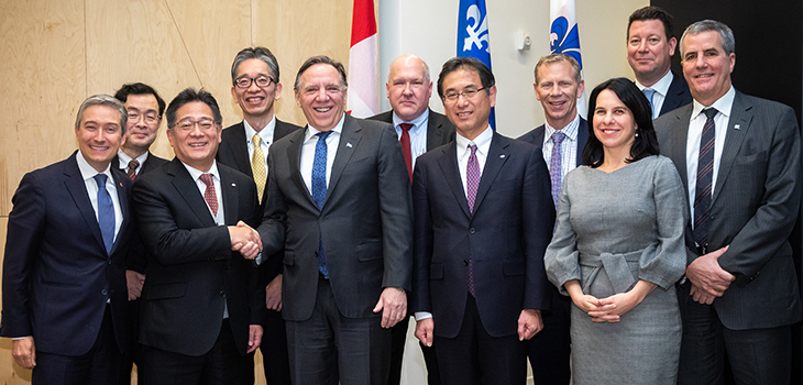 The Honourable François-Philippe Champagne, Minister of Infrastructure and Communities; Hiroaki Tanaka, senior vice president, Silicon Valley office; Koji Arima, president and chief executive officer of DENSO Corporation; Kazuoki Matsugatani, PhD., executive director; François Legault, Premier of Québec; Pat Bassett, vice president of DENSO’s North America Research and Engineering Center; Kenichiro Ito, chairman of DENSO's North America Board of Directors and chief executive officer of DENSO’s North American Headquarters; Bill Foy, senior vice president of Engineering; Valérie Plante, Mayor of Montréal and President of the Communauté métropolitaine de Montréal; Hubert Bolduc, President and CEO of Montréal International; Paul Buron, Executive Vice-President, Government Mandates and Programs Management at Investissement Québec.