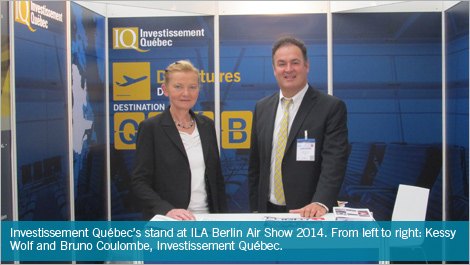 Investissement Québec’s stand at ILA Berlin Air Show 2014. From left to right: Kessy Wolf and Bruno Coulombe, Investissement Québec.