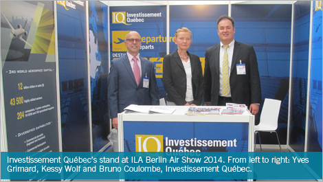 Investissement Québec’s stand at ILA Berlin Air Show 2014. From left to right: Yves Grimard, Kessy Wolf and Bruno Coulombe, Investissement Québec. 