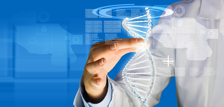 Photo of a woman scientist touching DNA molecule image at media screen