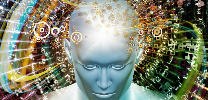 Image composée d’une tête humaine, de nombres et d’éléments visuels illustrant l’intelligence artificielle
