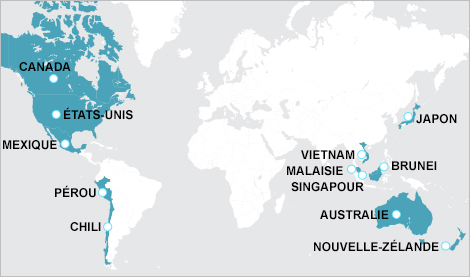 Carte du monde indiquant les pays membres du Partenariat transpacifique