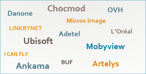 Image indicating Danone, Chocmod, OVH, Linkbynet, Micros Image, Adetel, L'Oréal, Ubisoft, I can fly, Alstom, Mobyview, Ankama, BUF, Artelys