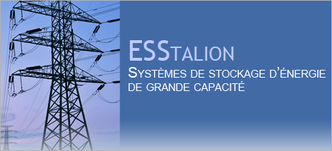 Photo d'un pylone électrique et texte indiquant ESStalion, Systèmes de stockage d'énergie de grande capacité