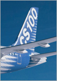 Photo de la queue d'un avion en vol de la CSeries de Bombardier.