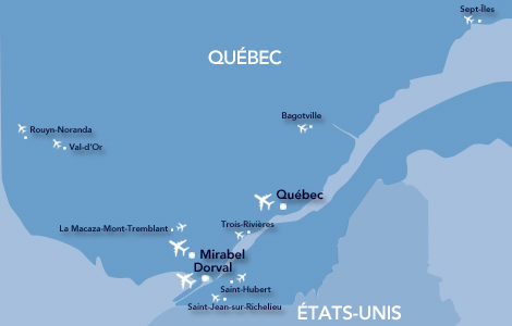 Carte géographique positionnant les différents aéroports du Québec