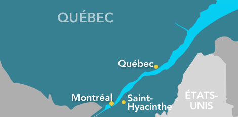 Carte géographique du Québec positionnant les villes de Montréal, de Québec et de Saint-Hyacinthe, principaux centres de recherche en agroalimentaire