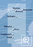 Carte géographique illustrant le corridor nord-est américain de la microélectronique, qui comprend les villes de Montréal, Sherbrooke et Bromont au Québec, Canada et qui s’étend au sud jusqu’aux villes de Poughkeepsie et Fishkill dans l’État de New York aux États-Unis.