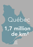 Carte géographique du Québec indiquant un territoire de 1,7 million de kilomètres carrés