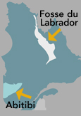 Carte du Québec illustrant la Fosse du Labrador ainsi que la région de l’Abitibi