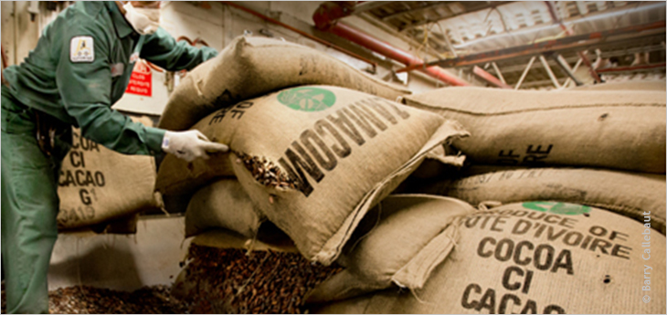 Photo of a factory worker opening a sack of cocoa beans