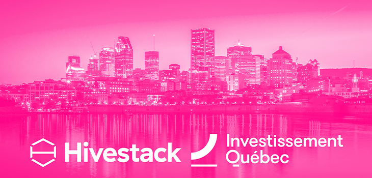 Photo de la ville de Montréal, accompagnée des logos d'Hivestack et d'Investissement Québec