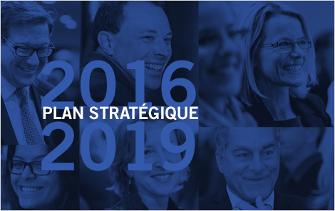 Photo d'employés d'Investissement Québec et texte indiquant Plan stratégique 2016-2019