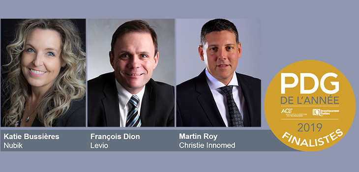 Bannière PDG de l'année 2019 AQT_Investissement Québec avec photo des trois finalistes