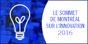 Image d'une ampoule et texte indiquant Le Sommet de Montréal sur l'innovation