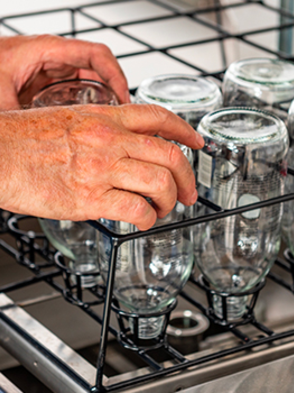 Chargement de bouteilles en verre dans un lave‑bouteilles industriel d’Aquatech BM.
