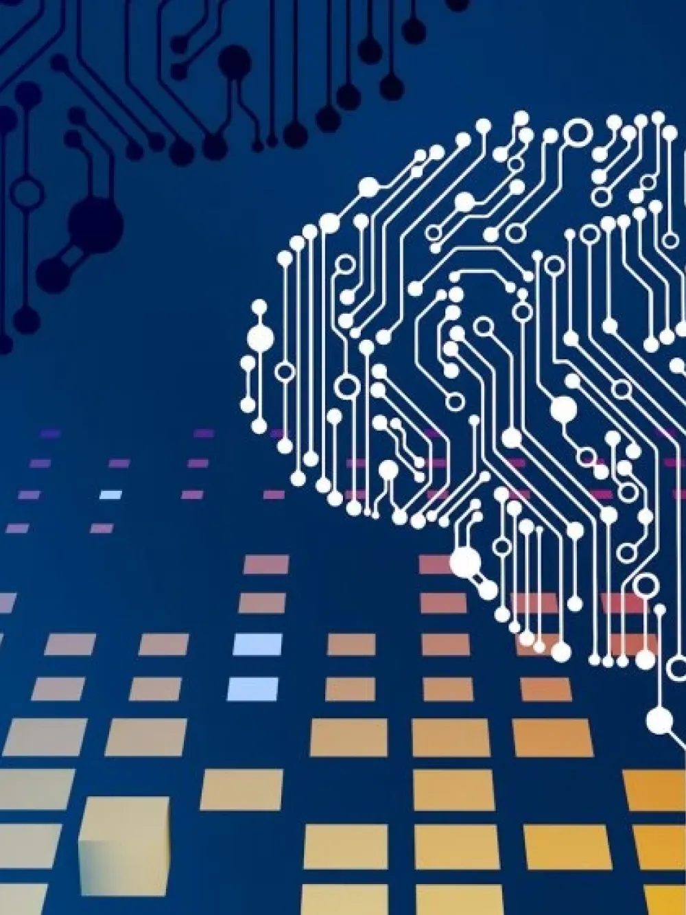 Un cerveau stylisé composé de circuits électroniques blancs sur un fond bleu, évoquant l’intelligence artificielle et les technologies numériques.