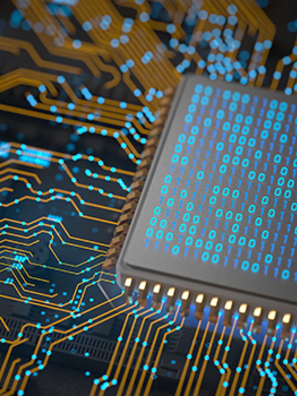  Gros plan sur une puce électronique intégrée, parcourue de circuits imprimés lumineux et de motifs numériques en bleu. 