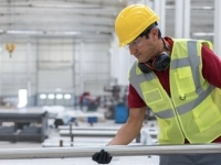 Travailleur portant un casque de sécurité et un gilet haute visibilité manipulant un long tube métallique dans un grand atelier industriel lumineux.