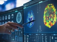 Écran d’analyse médicale affichant des images cérébrales colorées, avec une main pointant l’un des résultats à l’aide d’un stylet.