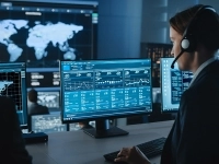 Salle de contrôle avec écrans de surveillance et tableaux de données