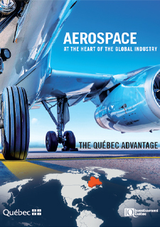 Image of an aircraft and a map of the world accompanied by a text stating Aerospace at the Heart of the Global Industry,The Québec Advantage