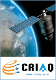 Photo of a satellite orbiting the Earth and the logo, courtesy of the Consortium for Research and Innovation in Aerospace in Québec (CRIAQ)