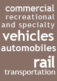 An illustration reading “Commercial, Recreational and Specialty vehicles, Automobiles and Rail Transportation”