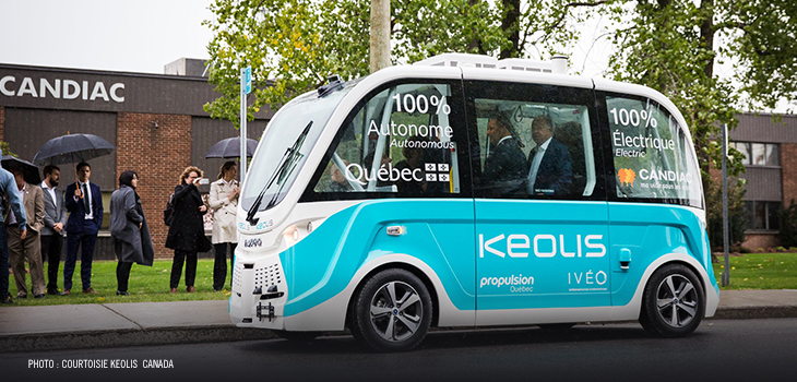 Photo of a self-driving electric minibus of the city of Candiac